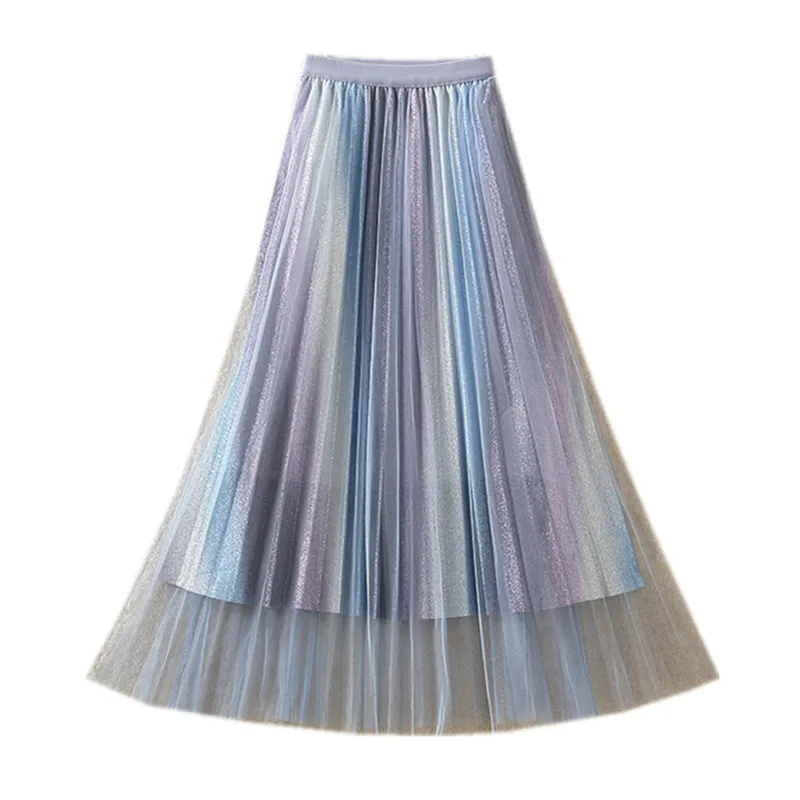 

Gradient bright screen yarn pleated skirt for women in autumn and winter