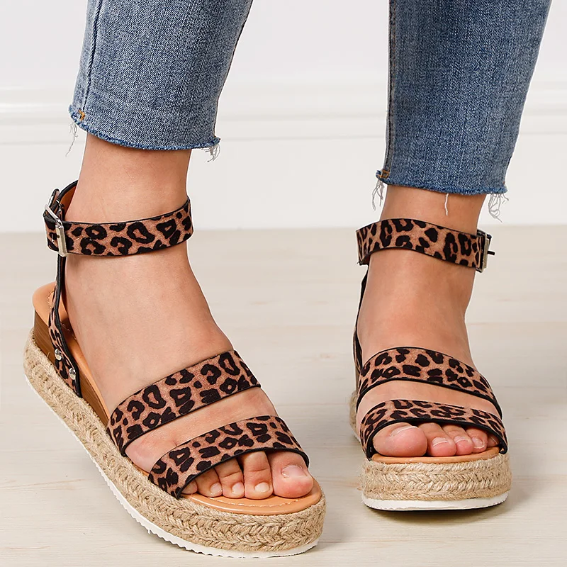 

Retro Women Sandals Leopard Hemp Flat Platform Ladies Wedge Women's Shoes Woman Casual Buckle Strap Female Summer 2021 New