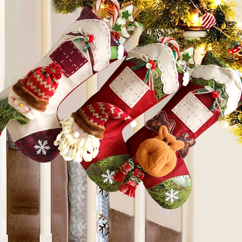 

Christmas Stockings Santa Claus Sock Gift Candy Bag Snowman Elk Santa Claus Pocket Xmas Tree Hanging Ornament Gift Bag for Kids