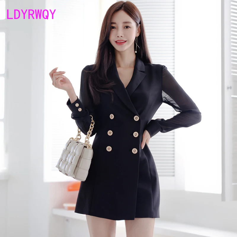 

2021 autumn new style Korean temperament suit collar slim double-breasted stitching fashion professional dress