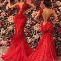 2021 red sheer see through backless mermaid prom dresses plus size lace tulle one shoulder evening gowns sexy robe de soiree