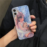 fashion cute oil painting girl cat phone case for iphone 12 11 pro max xr x xs max 7 8 plus cover silicone imd frame soft case