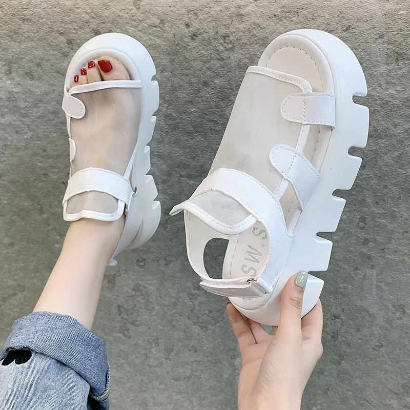 

Popular Sports Sandals Women Hook & Loop Ankle Strap Solid Flat Platform Sandals Thick Soled Mesh Casual Roman Summer Shoes