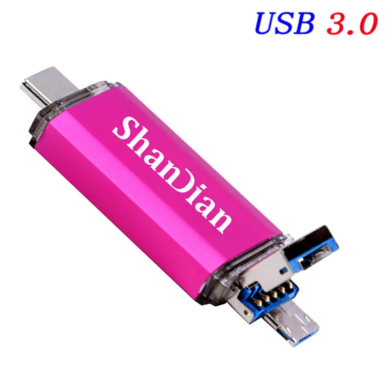 Pink SHANDIAN OTG 3 в 1 взаимный обмен данными между компьютером и периферийными устройствами флэш-накопители USB3.0& Тип type-C и Micro USB 128 Гб 64 ГБ 32 ГБ оперативной памяти, 16 Гб встроенной памяти, 8 ГБ 4 ГБ на флэшке, двойной флеш-накопитель USB пользовательских - Цвет: Pink