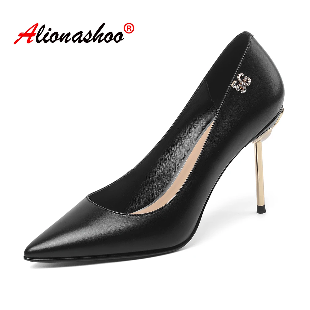 Sexy Low cut Metal Crystal Studs Stilettos Pumps Single Party Dress Pointed toe Woman Models High Heels Shoes Genuine Leather