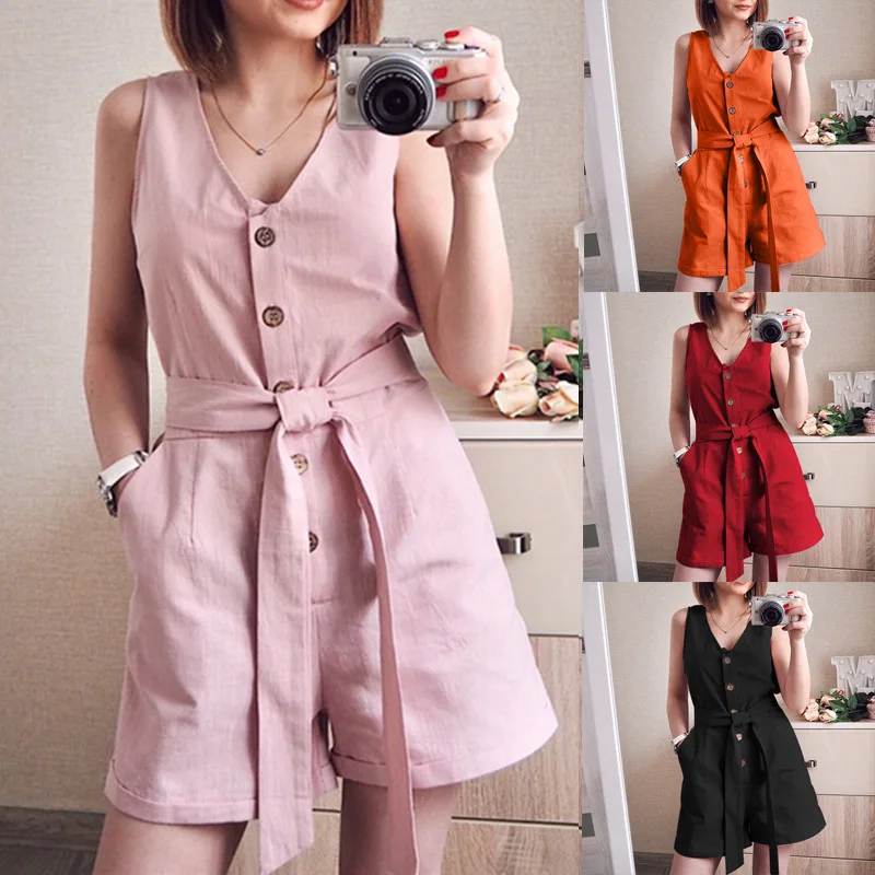 

2021 summer new product fashion casual button belt V-neck off-the-shoulder jumpsuit women clothing