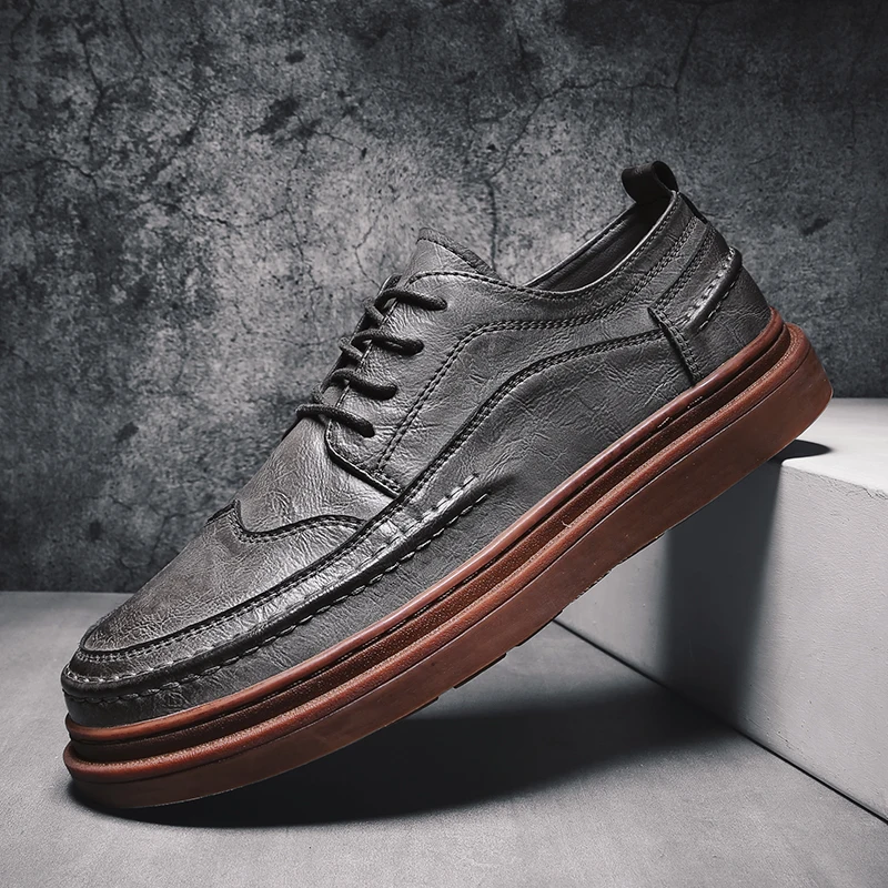 gray Men Shoes Casual genuine Leather Sneakers Men Shoes outdoor fashion Men'S Casual Shoes British brogue Lace Up Male Flat shoes s5 - Цвет: gray