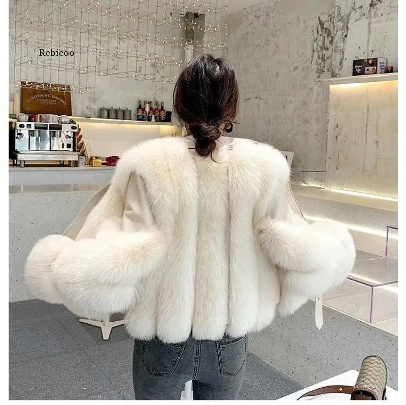 

Fashion Faux Fox Fur Coats Women Winter Motorcycle Pu Leather Turn Down Collar Warm Jacket Outwear Luxury Female