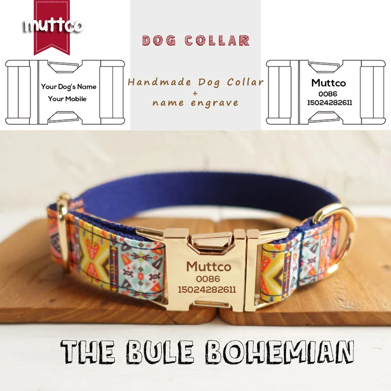 

MUTTCO handmade engraved metal buckle dog collar THE BLUE BOHEMIAN custom name dog collars and leashes 5 sizes UDC054J