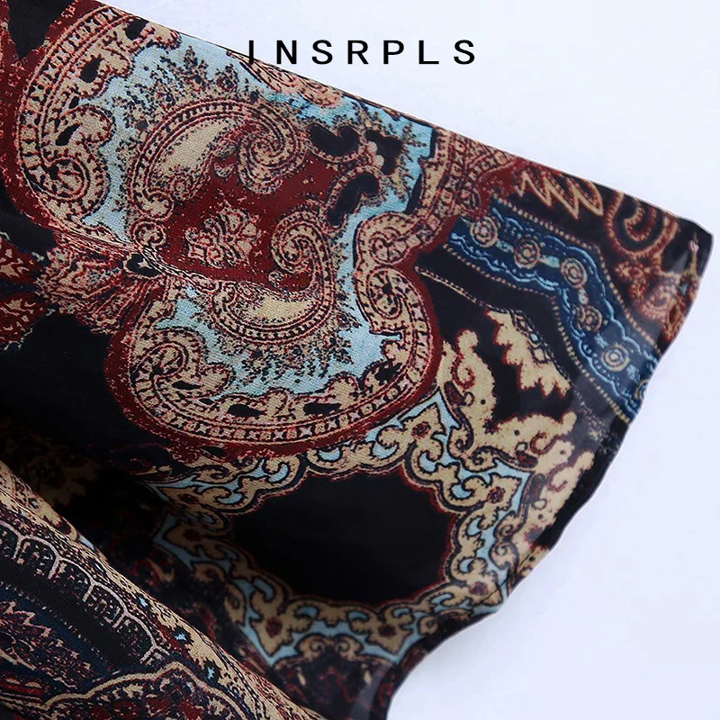 

INSRPLS Women Fashion Bow Tie Sashes Ruffled Paisley Print Mini Dress Vintage Long Sleeve With Lining Female Dresses Mujer