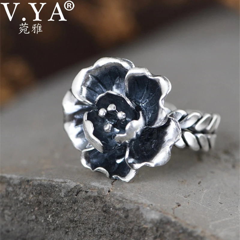 

V.YA 999 Pure Silver Peony Flower Open Rings Retro Woven Pattern Silver Jewelry Ring Female Temperament Women Fine Jewelry