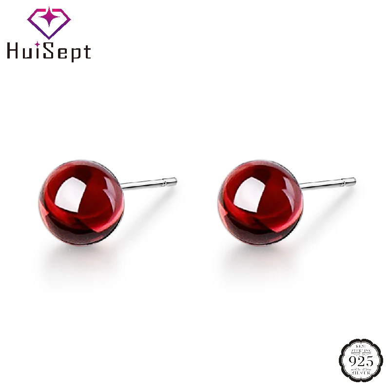 

HuiSept Trendy Earrings 925 Silver Jewelry with 6mm Garnet Gemstone Round Stud Earrings for Women Wedding Party Promise Gifts