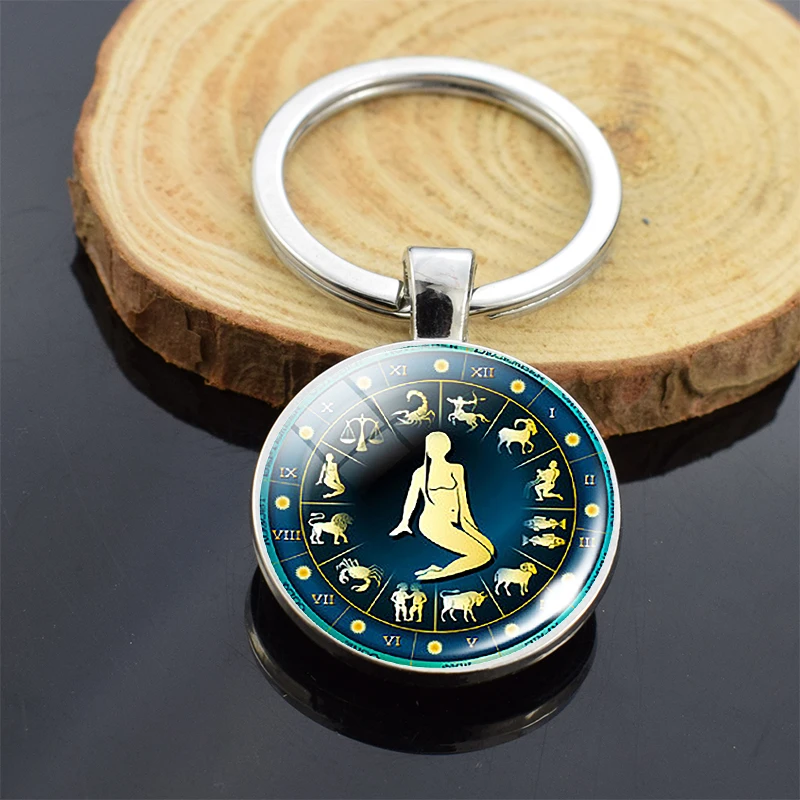 Двусторонний 12 Созвездие Знак зодиака брелок со стеклянным кабошоном для ключей