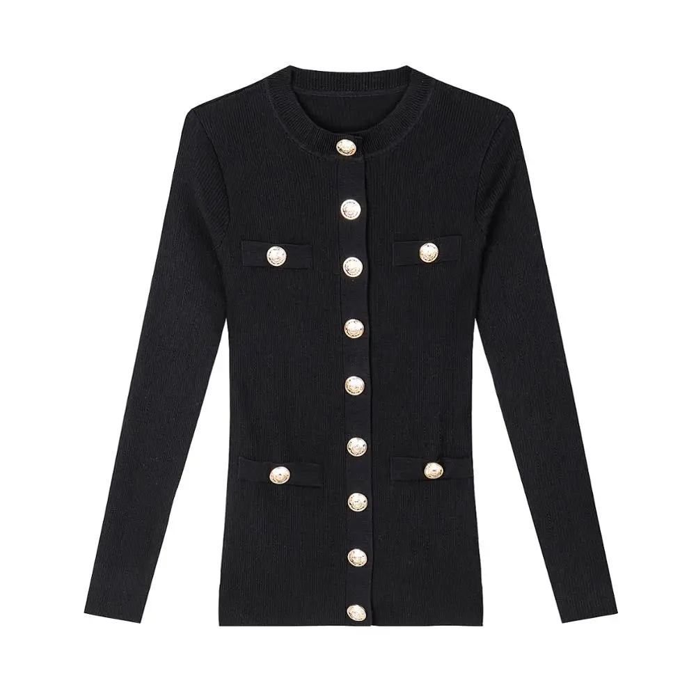 11.1 Wool + Tencel Hollow out stripe Single breasted decoration slim knitted cardigan |