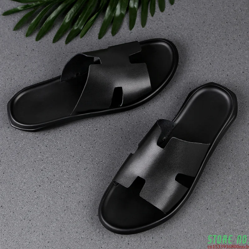 hot sale genuine leather men slippers outside black white shoes casual soft flip flops brand male shoes cool beach summer slides free global shipping