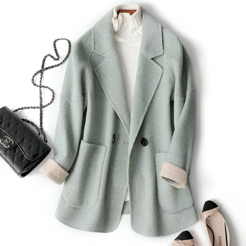 

Korean Short Herringbone Double-sided Cashmere Coat Women's Blazer Autumn Winter 2020 Small Tweed Jacket Green Simple Overcoat