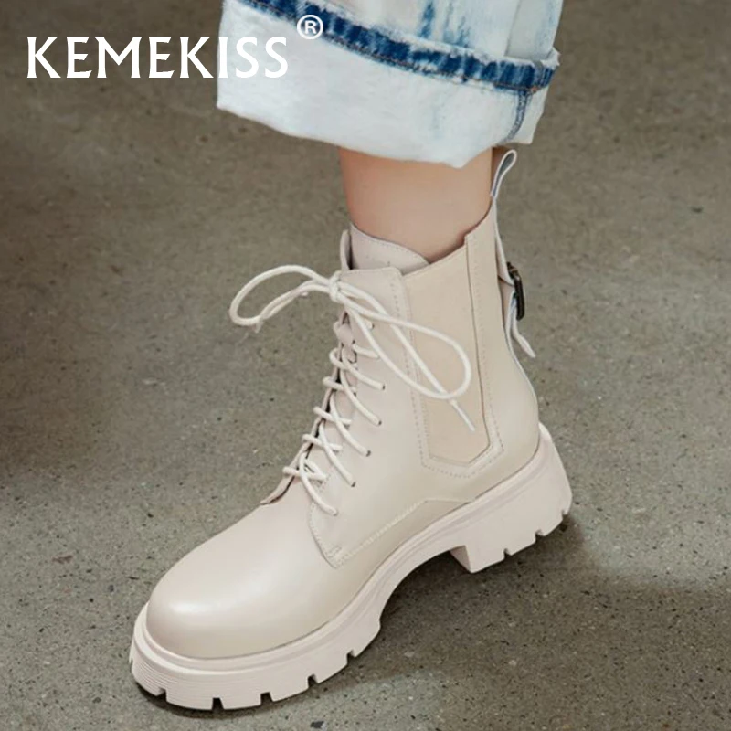 

Kemekiss 2022 Women Shoes Real Leather Ankle Boots Lace Up Fashion Winter Autumn Short Boot Cool Ladies Footwear Size 34-40