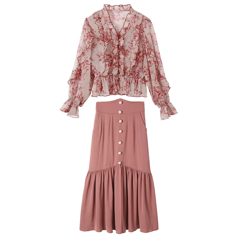 

Spring and summer 2021 new fat sister large women's suit skirt Chiffon Ruffle Top + high waist half skirt two piece set