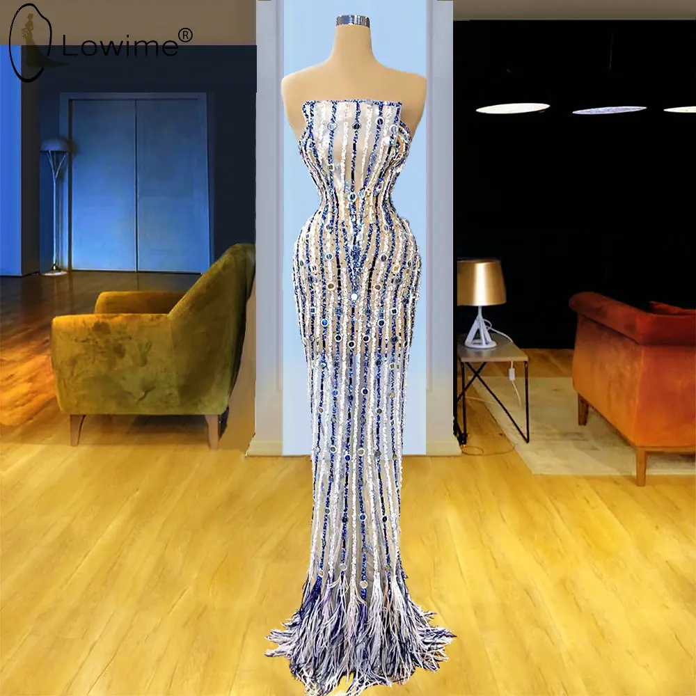 

Robe De Soiree Blue Beaded Evening Dresses 2020 Sexy Mermaid Illusion Feather Arabic Style Vestido De Festa Dubai Formal Dress