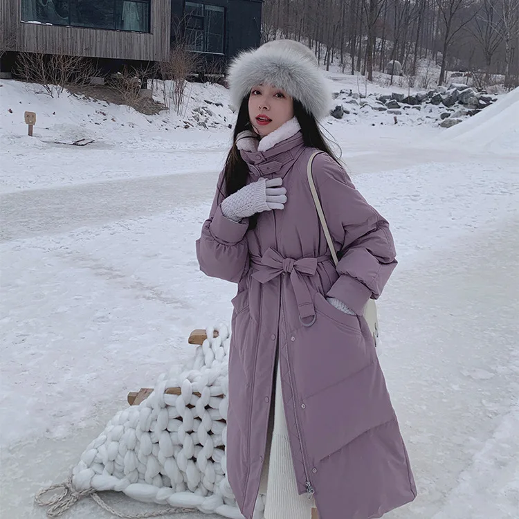 2021 winter new women's Korean commuter thickening and long over-the-knee down jacket belt coat big fur collar tide