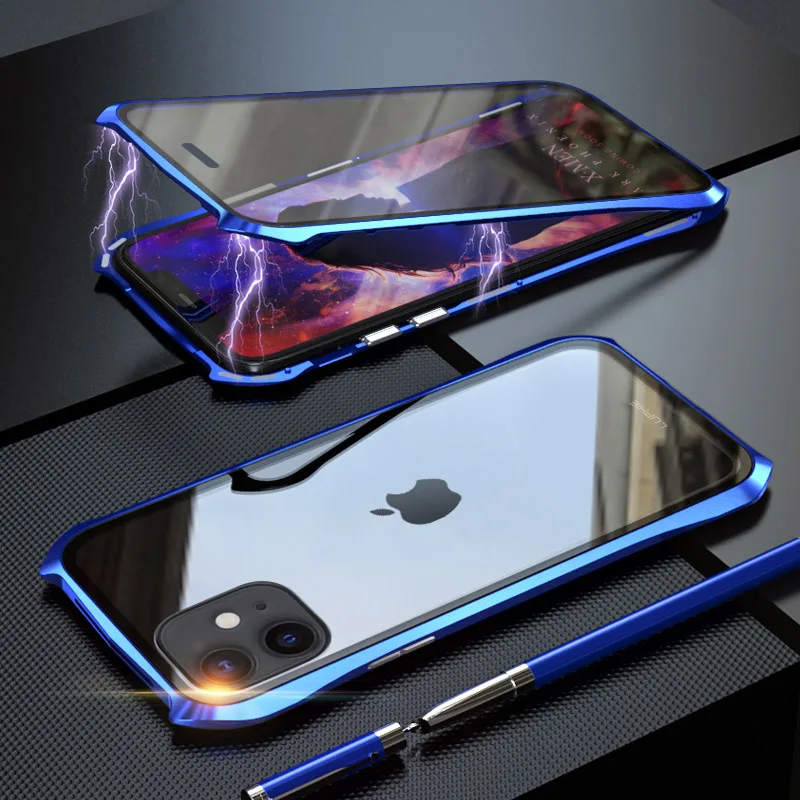 Передний и задний Магнитный стеклянный чехол для Apple iPhone 11 Pro чехол 360 металлический бампер полный корпус чехол для etui iPhone 11 Pro Max чехол - Цвет: Full Blue