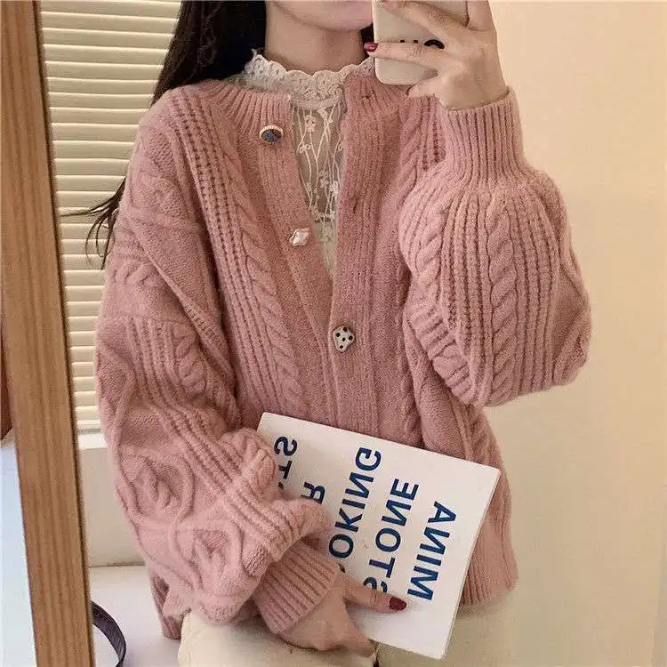 

Princess Style Women's Knitted Cardigan Pink Vintage Chic Button Winter Warm Thick Sweater Korean New Oversized Long Sleeve Tops