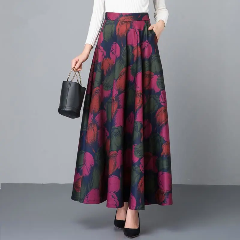 

2021 Autumn Winter Women's Elegant Elastic High Waist A-line Skirt Women Ethnic Print Flower Color Woolen Long Skirts Y199