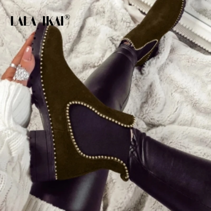 LALA IKAI Ankle Boots Women Winter Outdoor Leopard Flock Warm Shoes Female Mid Heels Casual Slip-On zapatos de mujer XWA9587-4 | Обувь