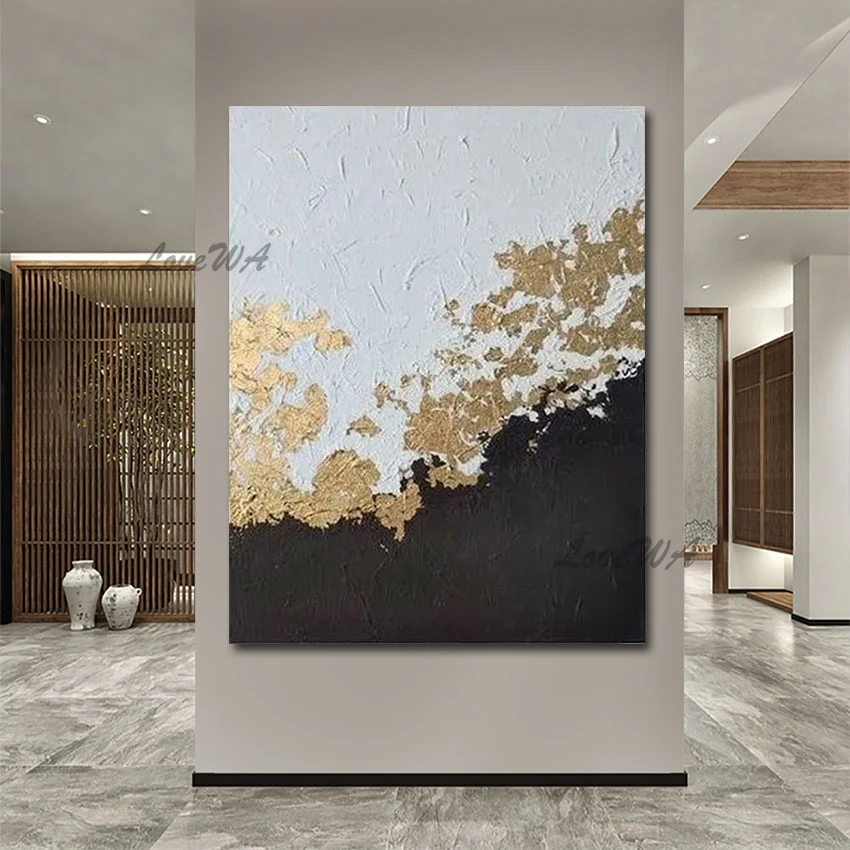 Простая абстрактная живопись черно-белая Золотая фольга Настенная картина