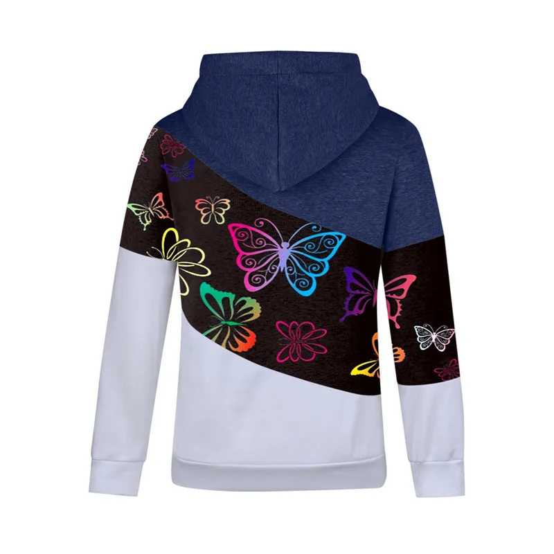 

Womens Color Block Hoodies Casual Long Sleeve Funnel Neck Butterfly Print Drawstring Loose Oversize Hooded Top For Autumn