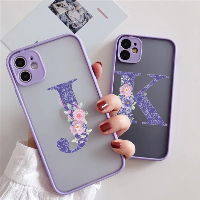 Initial Letter Phone Case For iPhone 13 12 mini 11 Pro X XR XS Max 6s 7 8 Plus Retro Purple Flower Hard Shockproof Back Cover