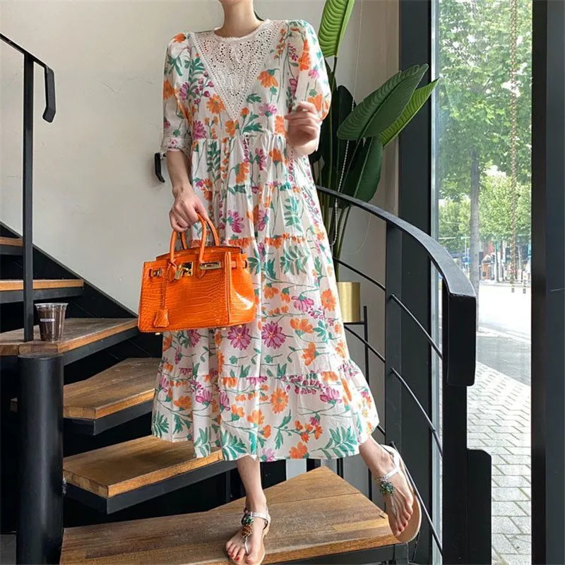 

2021 new retro floral stitching lace big swing dress women