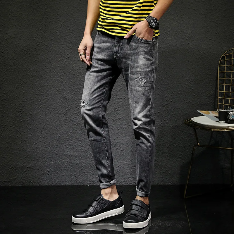 Summer New Men's Jeans Hole Slim Stretch Thin feet pants Fashion Korean Style Straight Casual trousers Streetwear | Мужская одежда