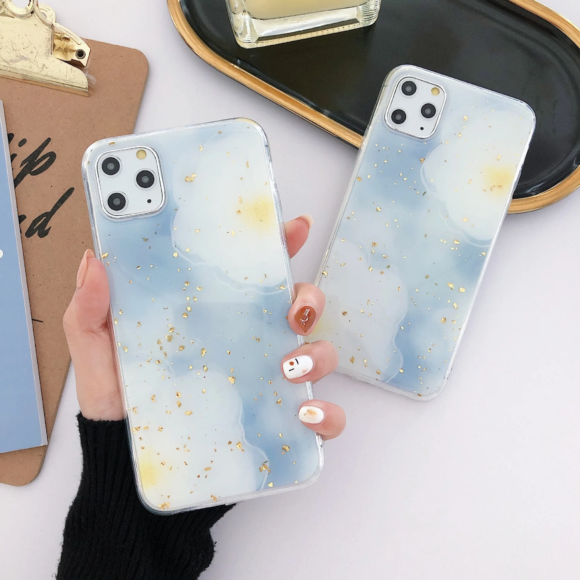 Модный синий цветок золотой фольги чехол для телефона iPhone 11 Pro Max XR X XS 7 8 6 Plus Полный