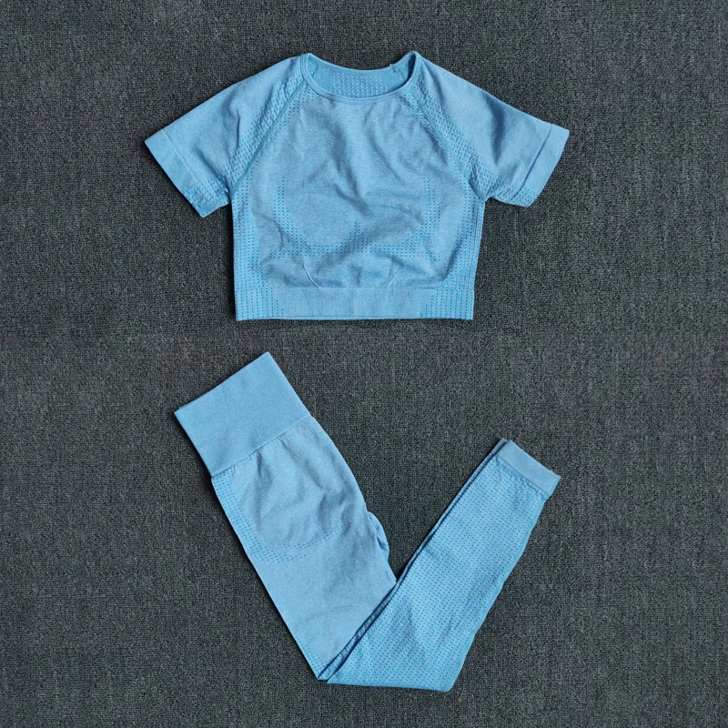 

2 PCS Set Seamless Yoga Set Women Workout Gym Clothes Short Sleeve Crop Top Shirt High Waist Leggings Pants Sports Suits