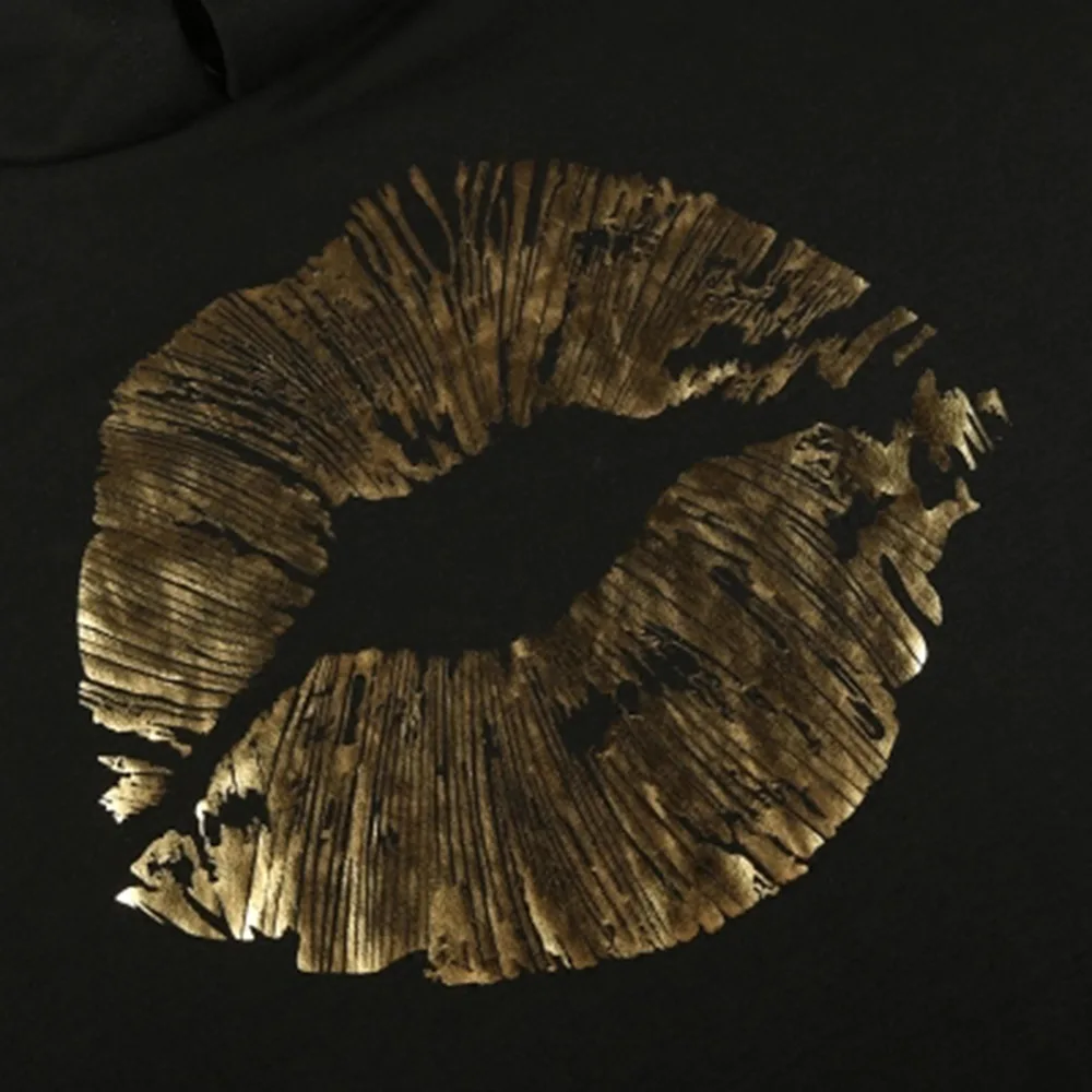 

new style big cartoon lip black hooded woman sweatshirt fashion long sleeve pullover female hoodies sweatshirt