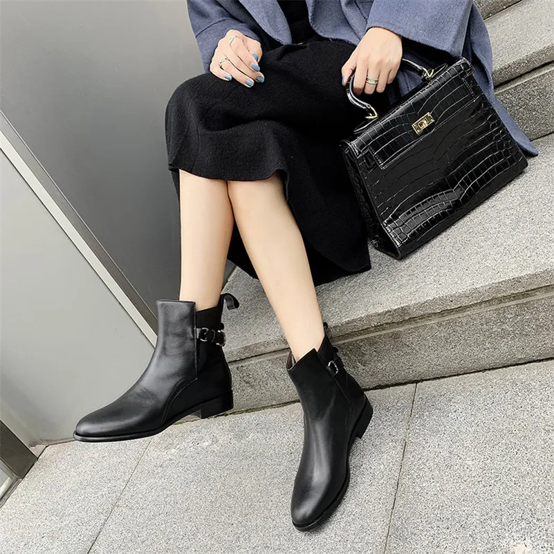 

FEDONAS Winter Quality Genuine Leather Warm Short Boots Female Party Office Shoes Woman Buckle Square Heels Punk Ankle Boots