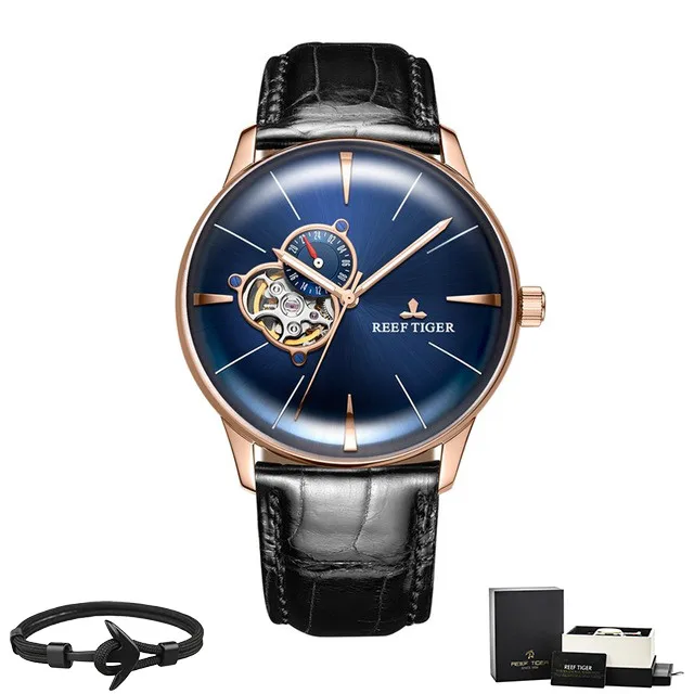 Reef Tiger бренд Tourbillon черный циферблат водонепроницаемые автоматические часы Топ Механические Роскошный кожаный ремешок мужские часы reloj hombre - Цвет: RGA8239-PLB Box Gift