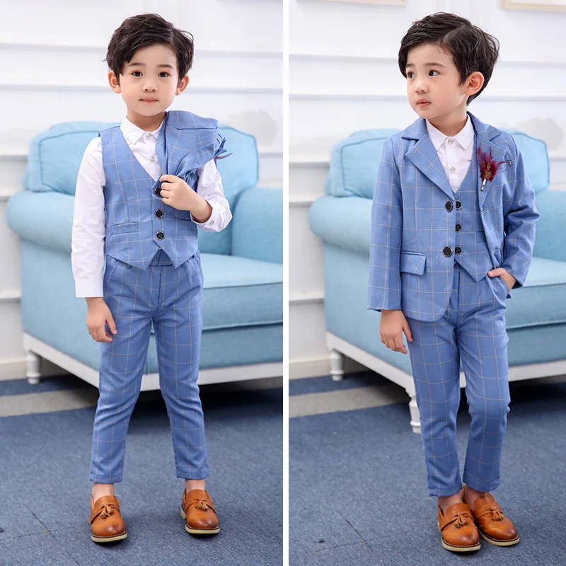 

Flower Boys Blue Plaid Clothing Set England Kids Formal Wedding Suit Gentleman Children School Performance Graduation Dress