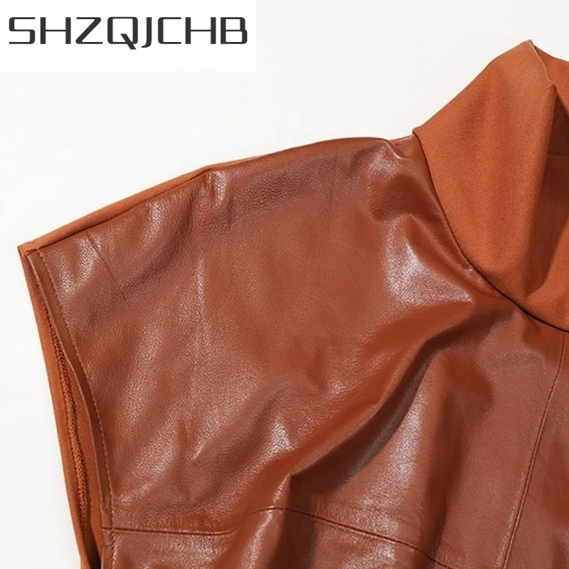

JCHB 2021 New Arrival Dress Women Genuine Leather Spliced Women Short Sleeve Belt Vintage Slim Fit Korean Style Women A-Line Dre