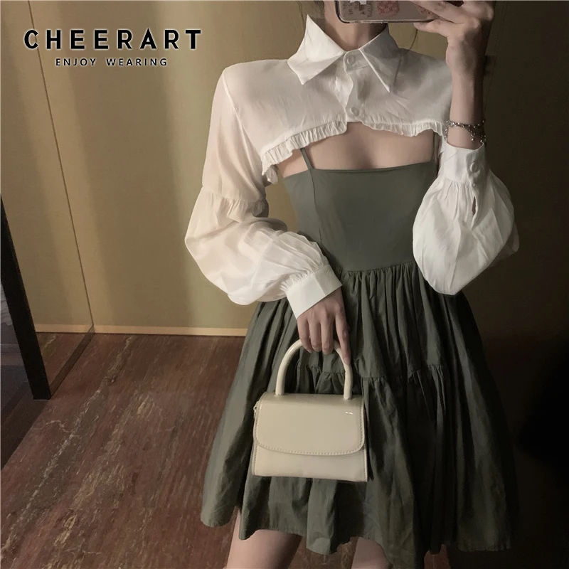 Женский топ с оборками CHEERART белый укороченный Топ длинным рукавом-фонариком