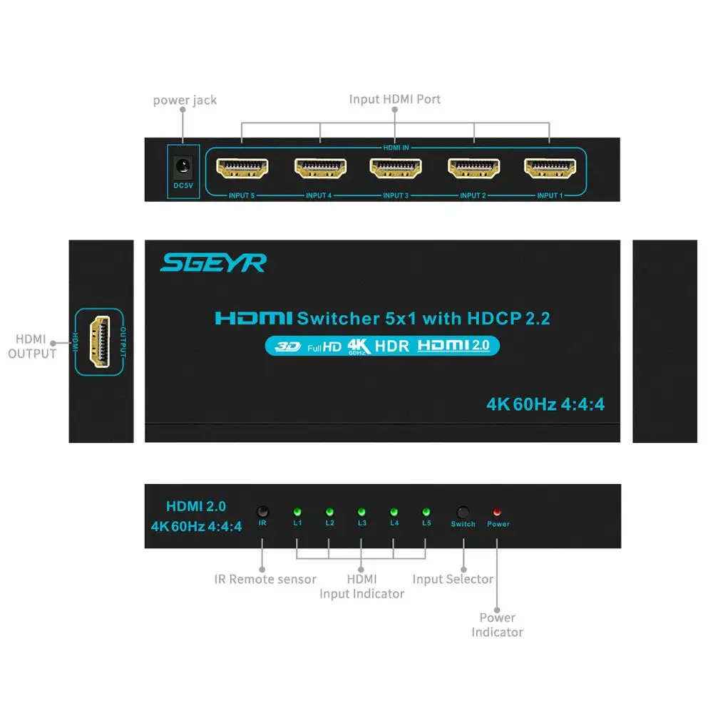 Переключатель HDMI SGEYR 4K @ 60 Гц 5 х1 портов HDR | Электроника