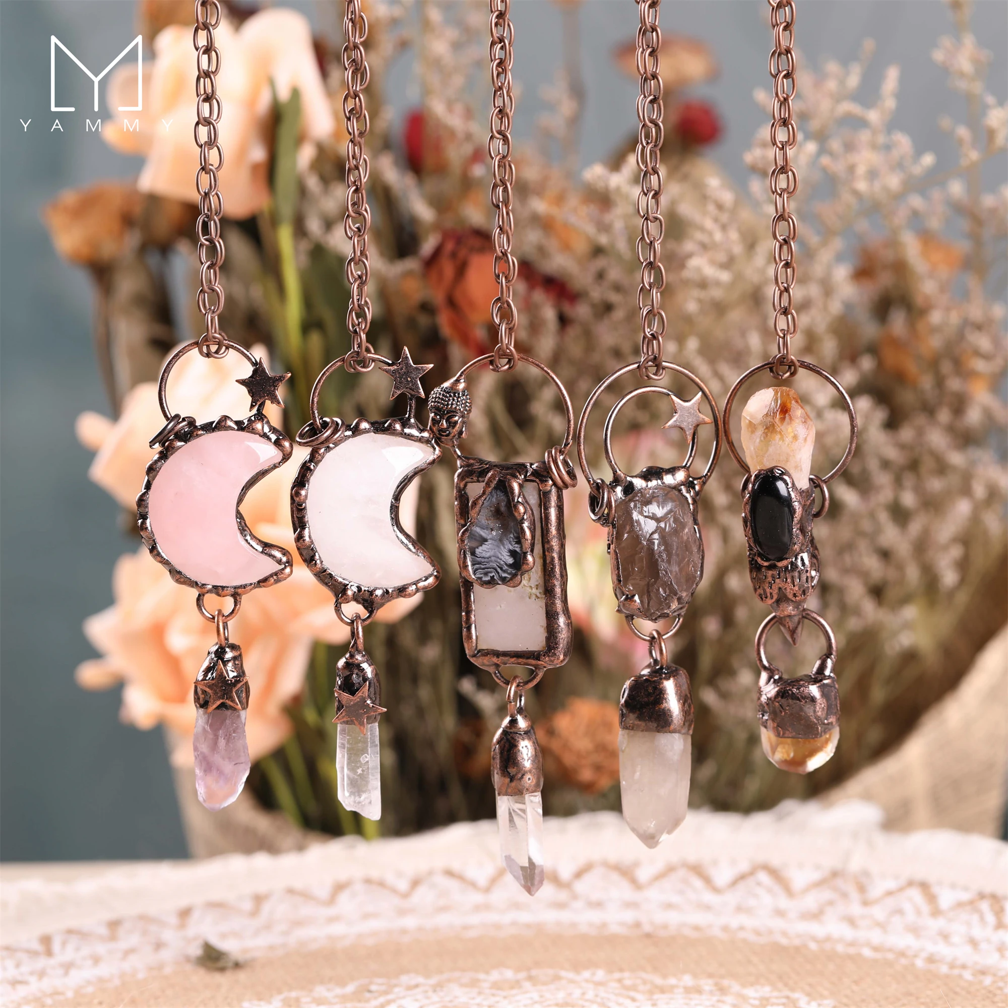 

Yammy Natural Crystal Smoky Quartz Antique Bronze Moon-Shaped Gem, Rose Quartz Women'S Pendant Necklace Natural Jewelry
