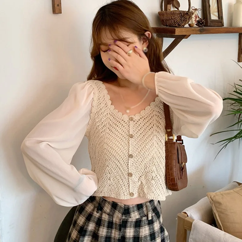 

Women's V Neck Knit Shirts Patchwork Puff Sleeve Sweet Long Sleeve Autumn Tops Blouse