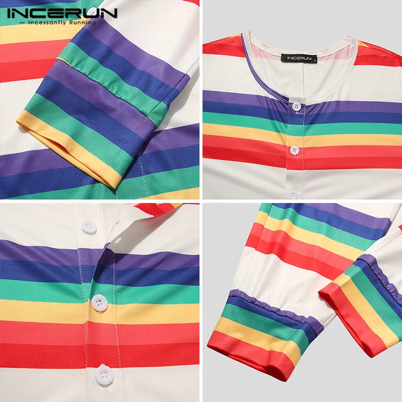 

INCERUN Men Pajamas Jumpsuits Striped Homewear O Neck Long Sleeve Fitness Rompers Comfortable Button Nightwear Mens Overalls 5XL