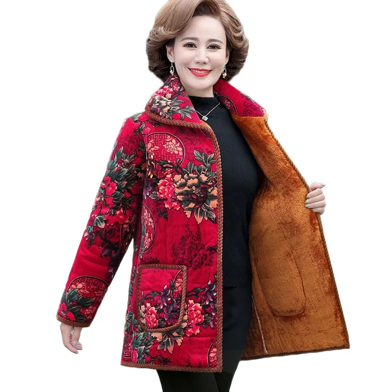

New Winter Jacket Women Parker Velvet Warm Print Cotton Padded Coat Middle-aged Elderly Female Basic Coat Sobretudo Feminino 5XL
