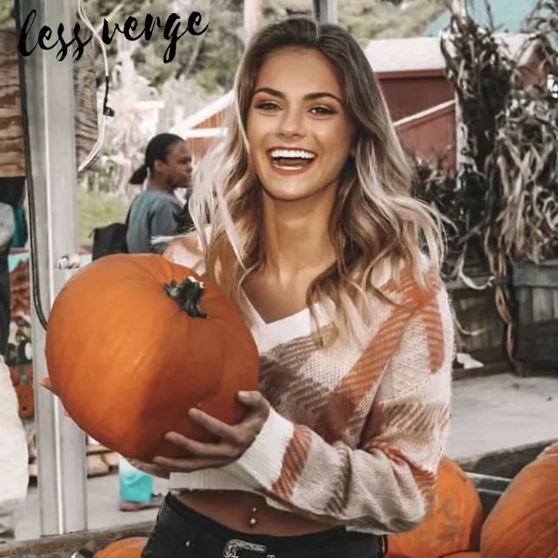Lessverge Plaid sexy knitted crop top sweater Women v neck casual streetwear short pullover Autumn winter fashion jumpers ladies | Женская
