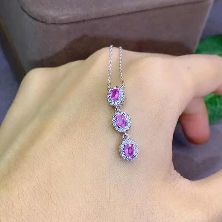 

grace Row tassels Natural pink sapphire gem Necklace natural gemstone Pendant Necklace S925 silver women party gift fine Jewelry