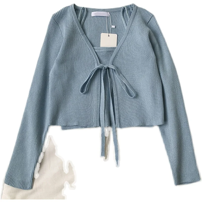 

WenQing Casual Fasion 2 Piece Set Women Solid V-neck Long Sleeve Lace Up Short Knitted Cardigan and Camis Knitwear Elegant