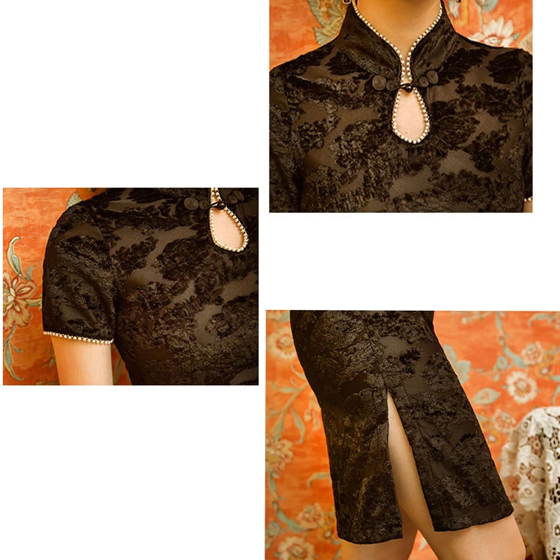 

Women Mini Dress Y2K Traditional Chinese Cheongsam Bodycon Hollow Girls Pearl Elegant Black Sexy Evening Party Summer Club